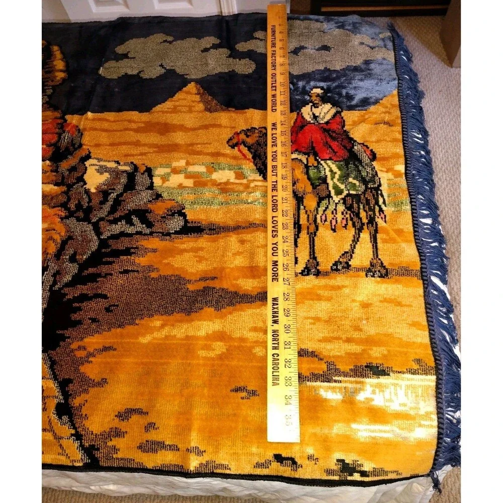 ​Vintage Large Velvet Egyptian Tapestry 59x39, Mid Century Sphinx Pyramids Camel